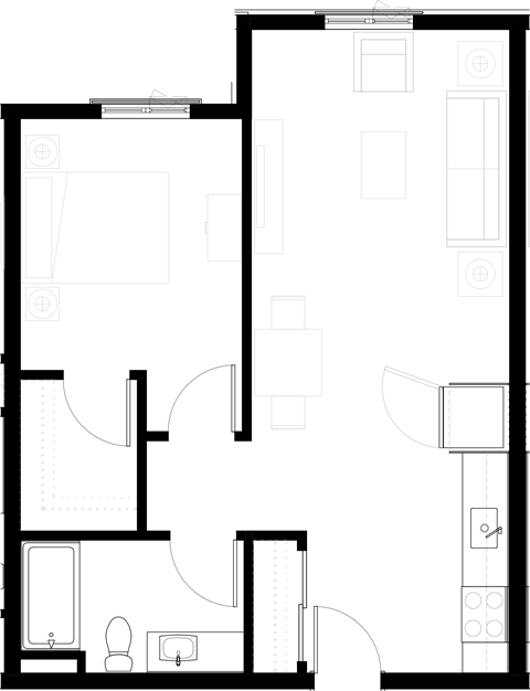 Floor plan for 1 bed, 1 bath, 629 sqft